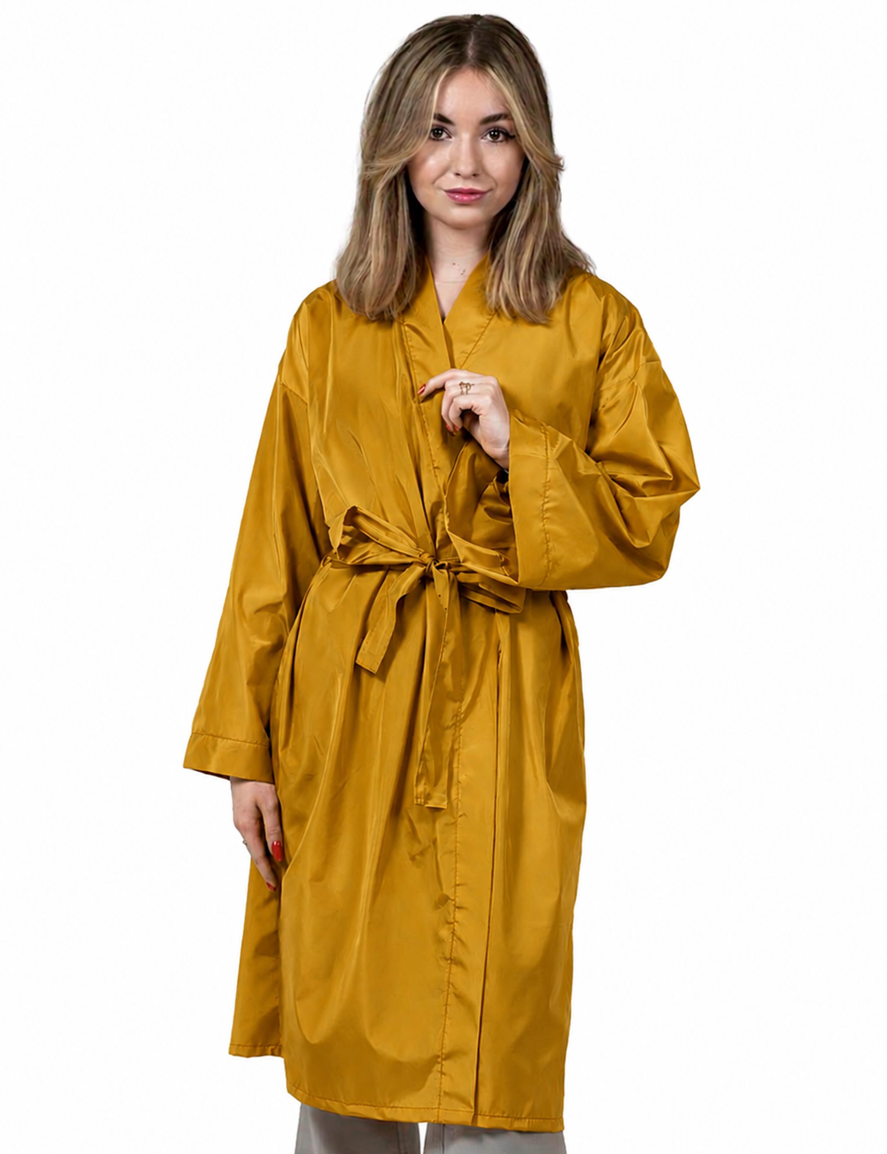 Trendy mustard salon wrap robe complementing upscale boutique hair salon interior designs