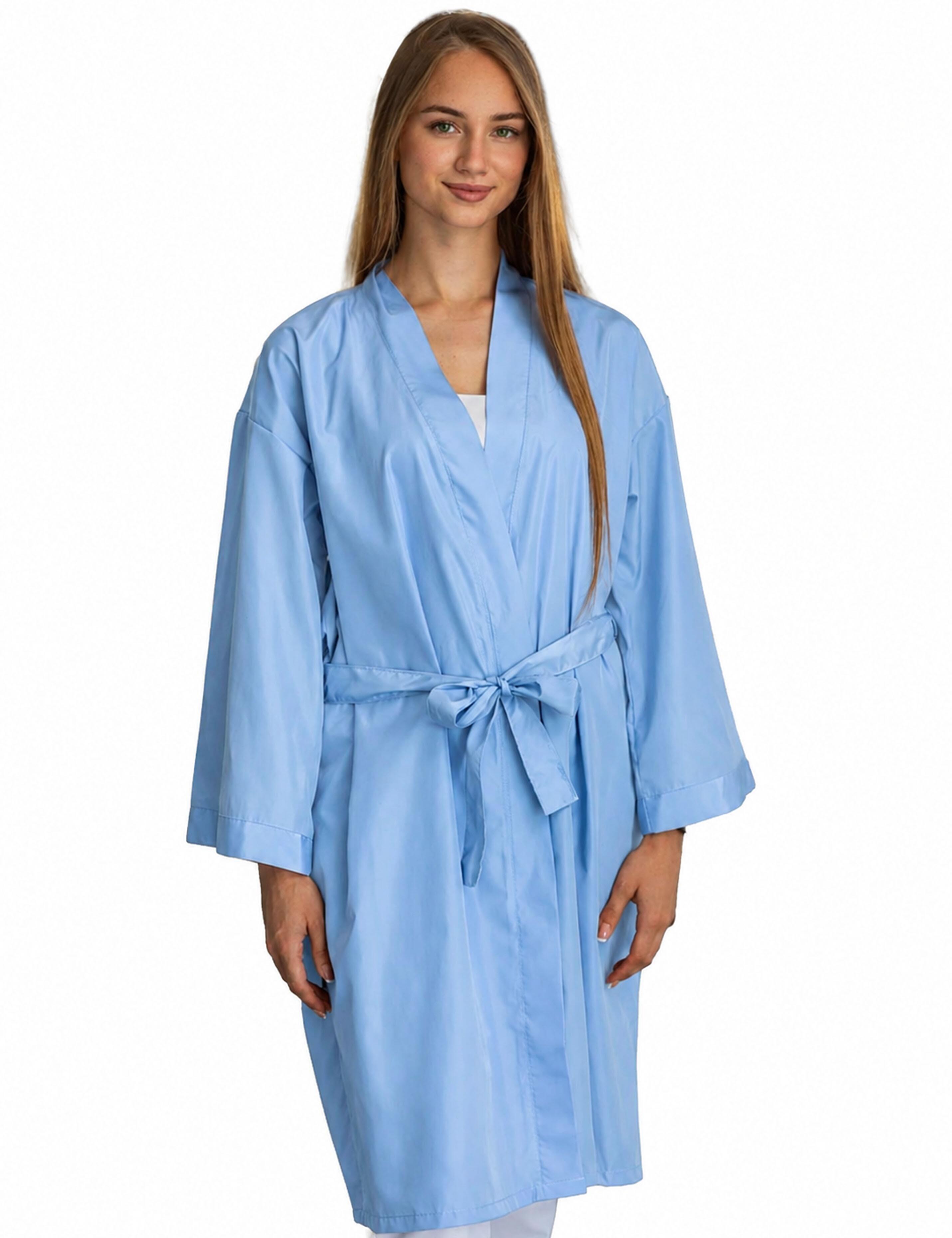 Light blue salon kimono robe made of protective BellShield fabric
