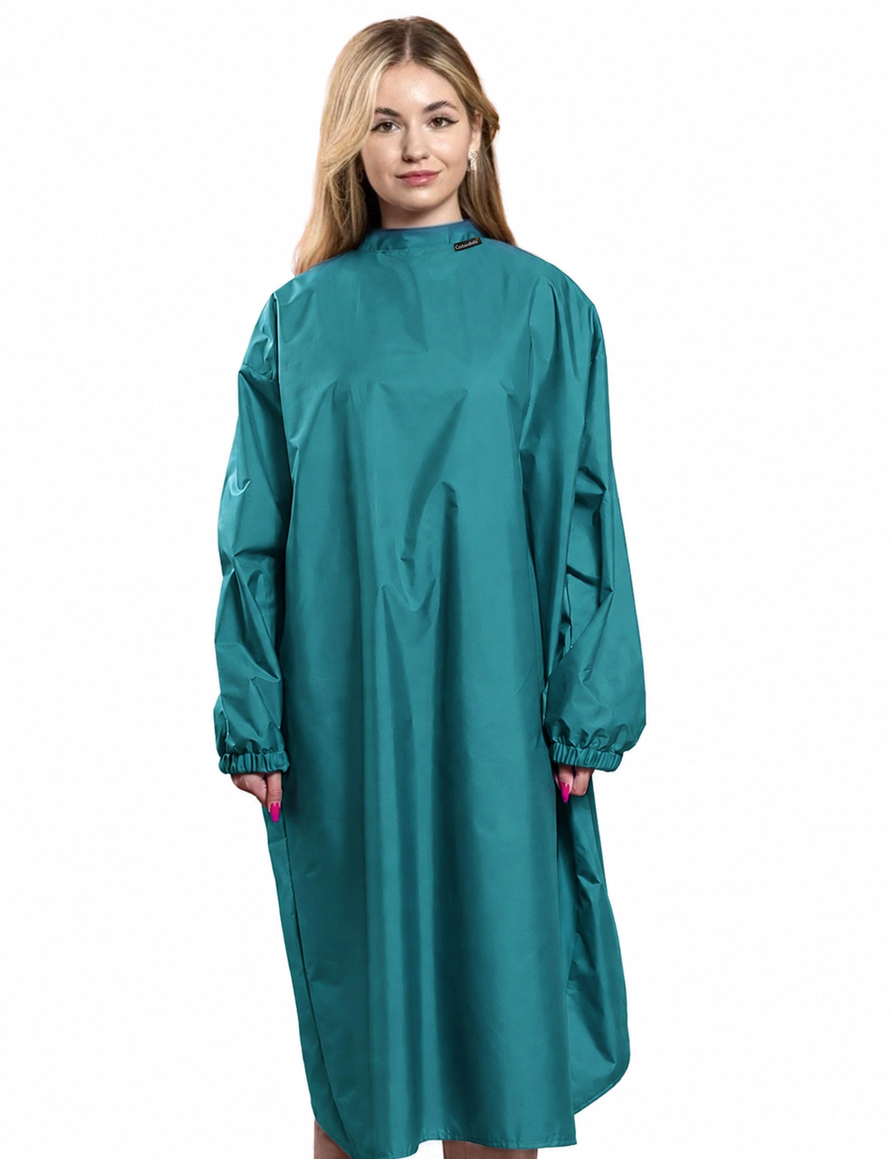 Professional teal cutting cape with sleeves engineered with advanced BellShield salon protection fabric
