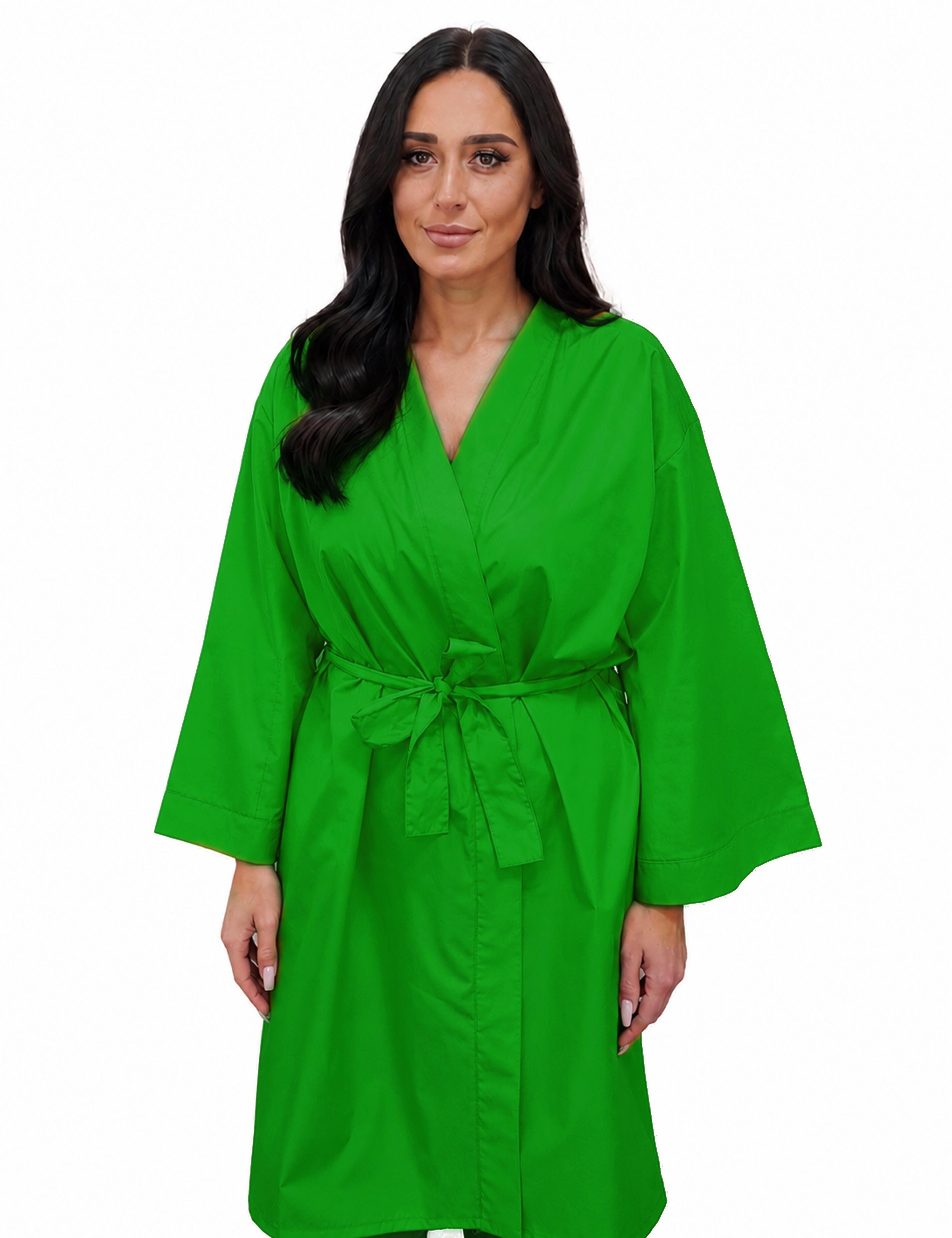 Bleach proof Kelly green professional kimono designed for expert hair coloring and highlights