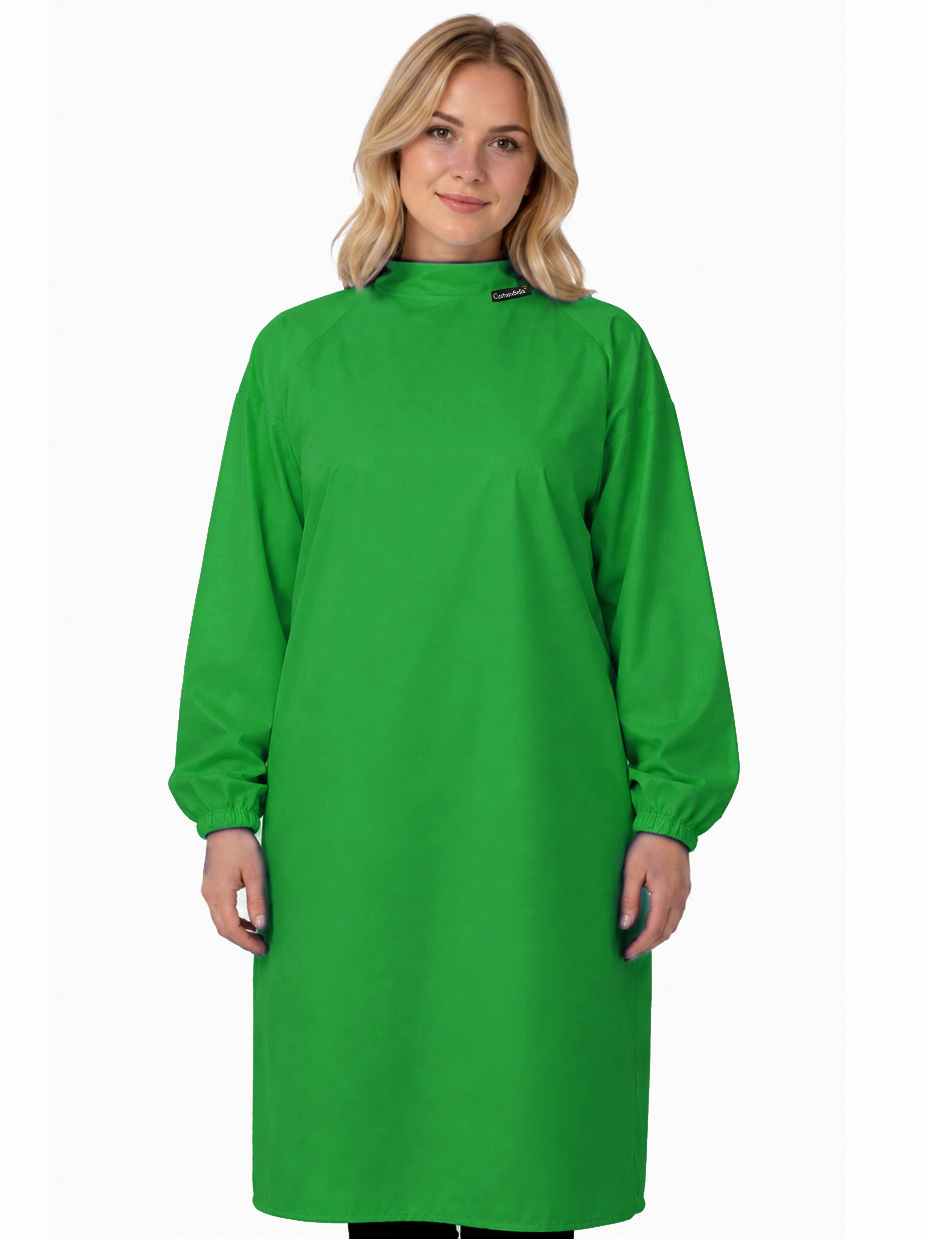 Kelly green salon styling cape featuring built-in sleeves for total client mobility and phone use
