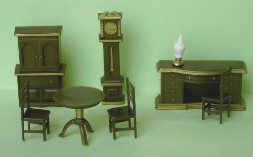 Set of 1/48th scale brown plastic furniture suitable for the dining room.