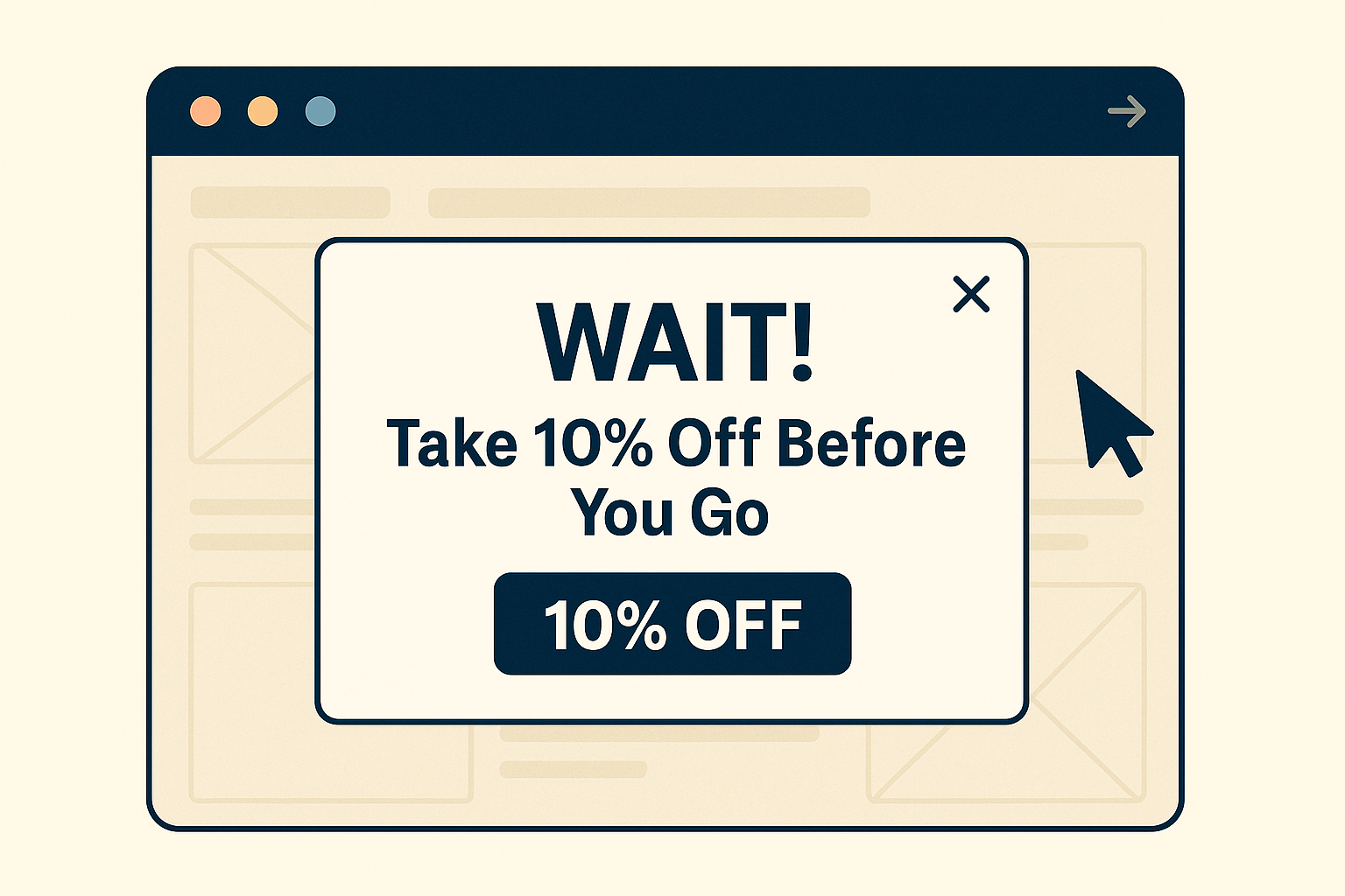 Illustration of a browser window showing a pop-up message with the text “WAIT! Take 10% Off Before You Go” and a button labeled “10% OFF,” representing an exit-intent discount strategy.