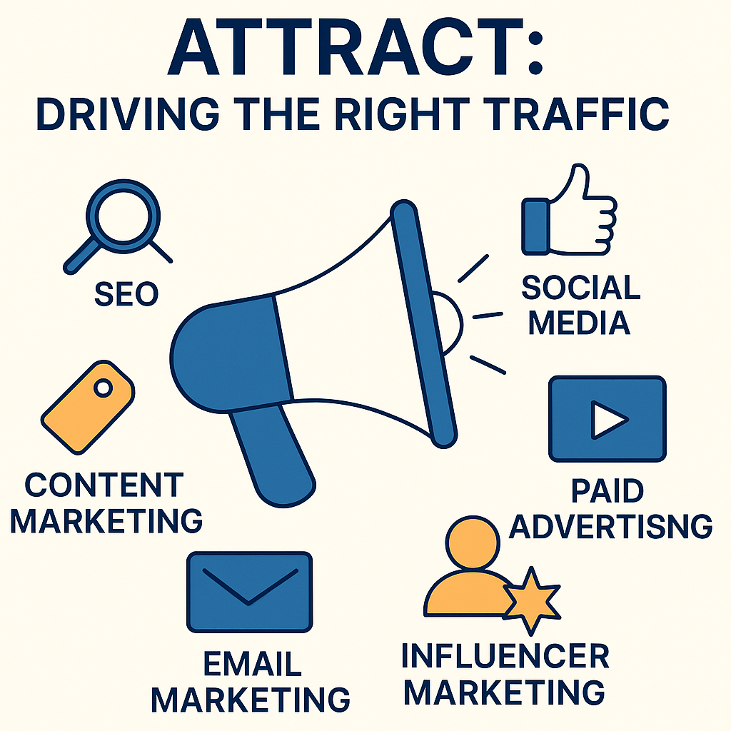Infographic titled “Attract: Driving the Right Traffic,” featuring a megaphone surrounded by icons for SEO, content marketing, email marketing, social media, paid advertising, and influencer marketing, representing key traffic acquisition channels.