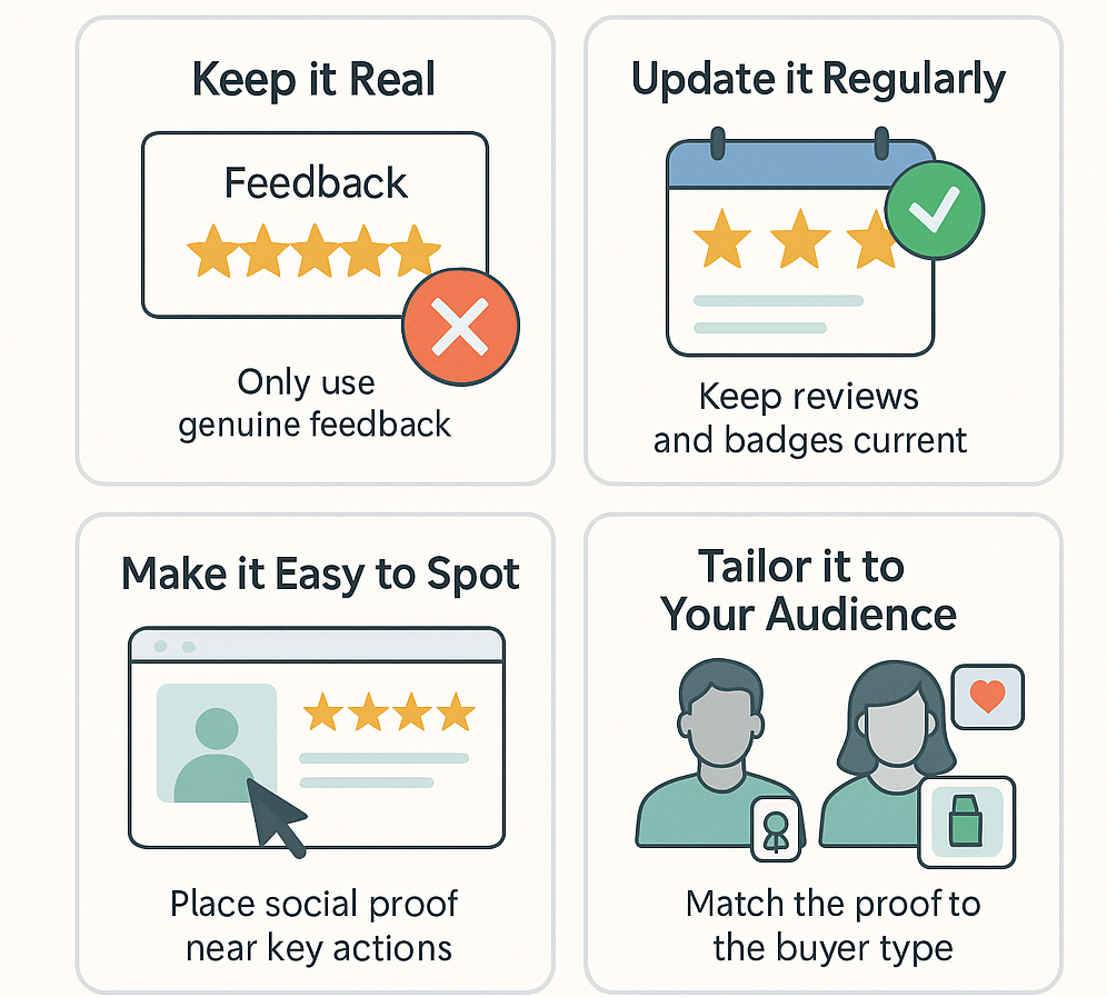 Infographic with four panels showing best practices for using social proof: use genuine feedback, keep reviews current, position reviews near key actions, and tailor content to your audience.