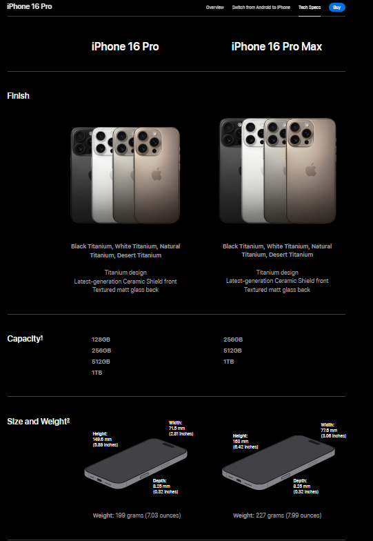screenshot of the iphone 16 tech specs page, showing a comparson between iphone 16 models
