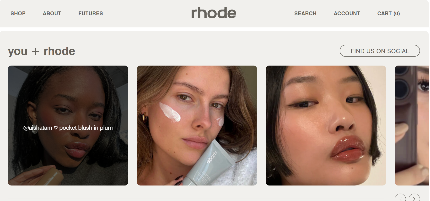 "Screenshot of Rhode’s website showing influencer and customer photos under the section 'you + rhode', featuring user-generated content with models applying or wearing Rhode skincare products."