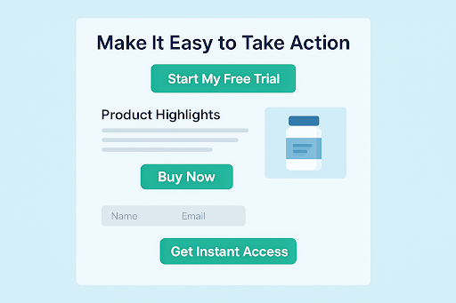 Example of an ecommerce landing page with call-to-action buttons like Buy Now and Free Trial.
