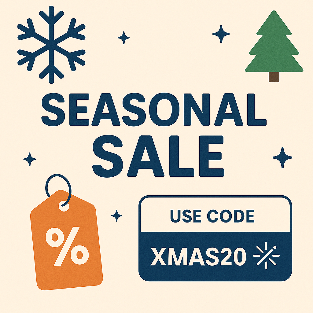 Seasonal sale promotion with festive icons including a snowflake, Christmas tree, and discount tag, featuring the text “Use Code XMAS20” to highlight a holiday discount offer.