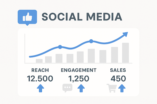 "Illustration showing a graph with upward trends for social media metrics: Reach (12,500), Engagement (1,250), and Sales (450). Each metric is accompanied by an upward arrow indicating growth.
