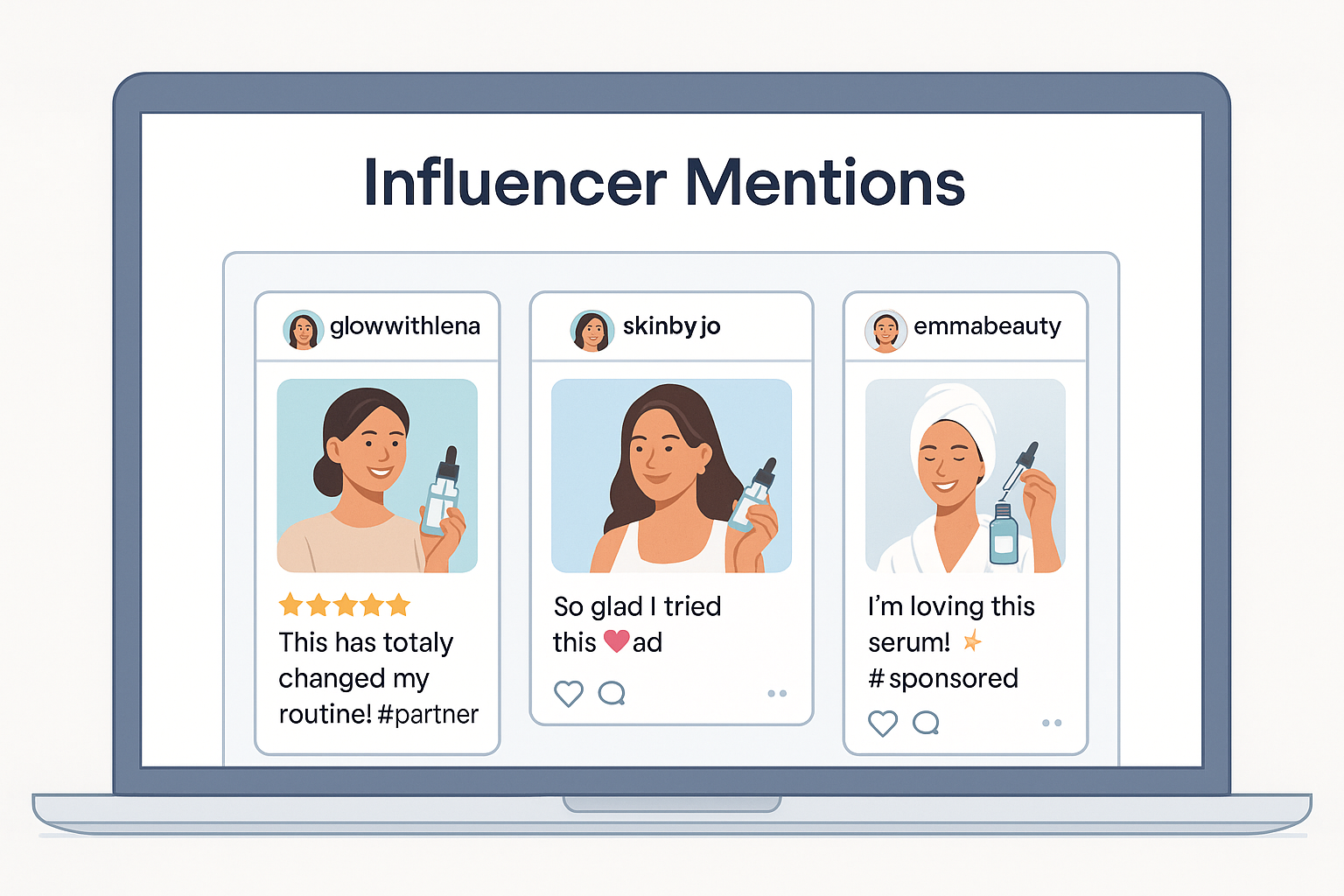 Illustration of a skincare product page featuring a carousel titled “Influencer Mentions” with three Instagram-style posts showing influencers holding the same serum and sharing positive captions.