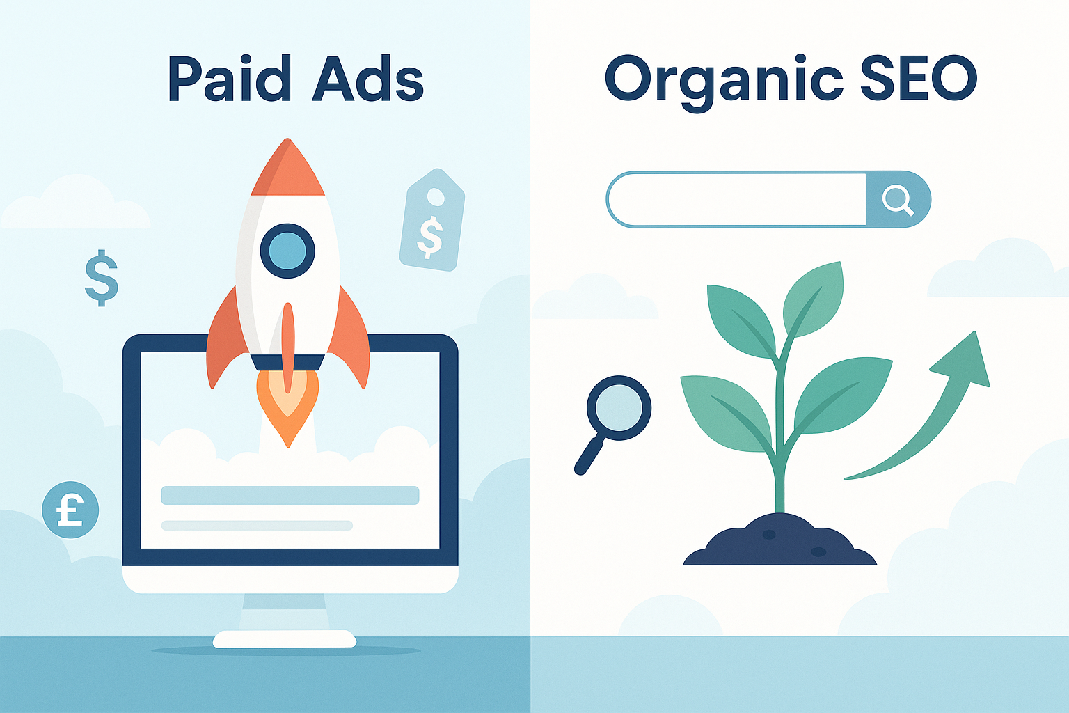 Illustration comparing paid ads and organic SEO. The left side shows a rocket launching from a monitor with £ and $ symbols, representing paid advertising. The right side shows a growing plant with SEO icons and an upward arrow, symbolising organic growth and long-term traffic.