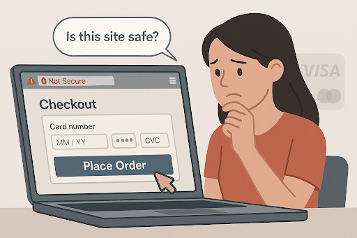 Concerned shopper questioning site security during checkout due to 'Not Secure' warning.