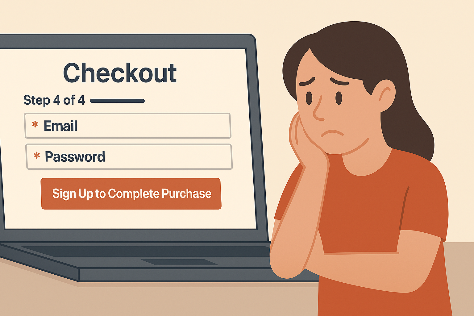 woman annoyed looking at lack of guest checkout on laptop