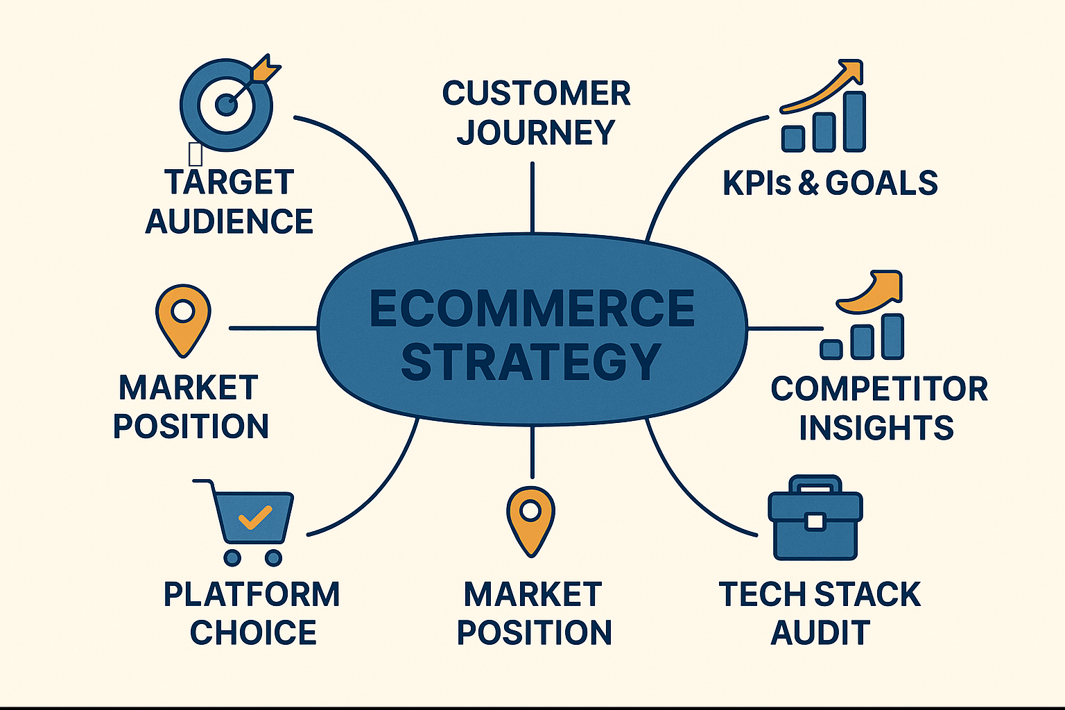 Mind map diagram titled “Ecommerce Strategy,” with connected elements: Target Audience, Customer Journey, KPIs & Goals, Competitor Insights, Tech Stack Audit, Platform Choice, and Market Position, each represented by icons like a dartboard, chart, briefcase, and shopping cart.