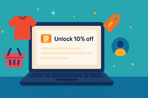 Illustration of a laptop showing an email notification with the message "Unlock 10% off," surrounded by a red shirt, shopping basket, price tag, and user icon.