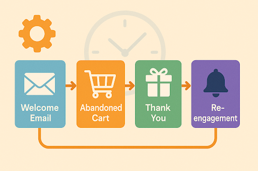 Illustration showing the flow of an eCommerce email marketing strategy, including a welcome email, abandoned cart reminder, thank you email, and re-engagement reminder, with a gear and clock symbol representing automation.