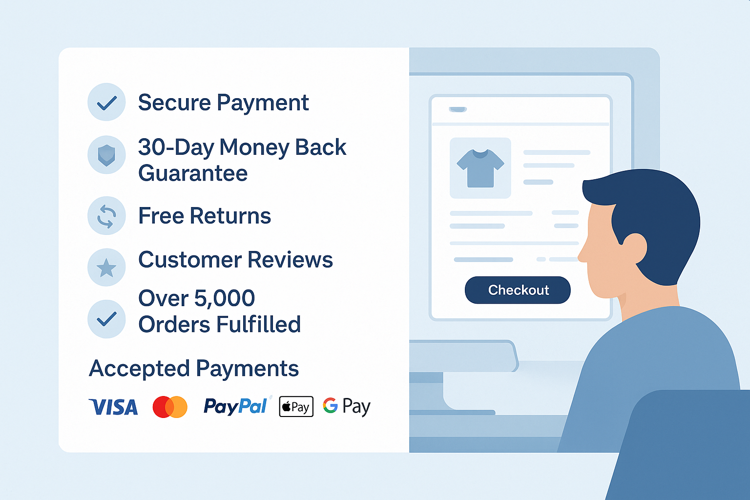 Illustration of an ecommerce checkout page with trust signals like secure payment, 30-day money back guarantee, free returns, customer reviews, and accepted payment method logos including Visa, Mastercard, PayPal, Apple Pay, and Google Pay.