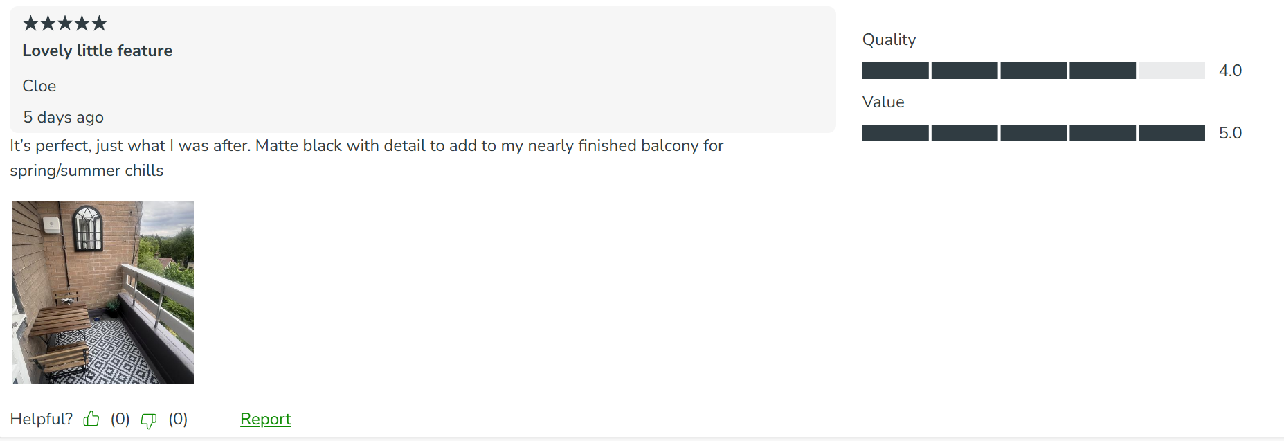 "Screenshot of a Dunelm product review showing a five-star rating, customer comments, and a user-submitted photo of a mirror displayed on a garden wall."