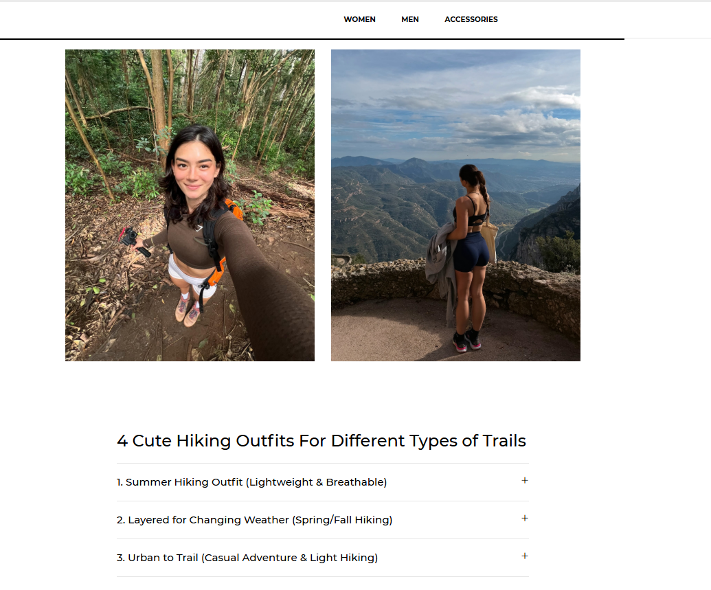 "Screenshot showing two user-generated photos of a woman hiking in Gymshark activewear, alongside a heading titled '4 Cute Hiking Outfits For Different Types of Trails' with a dropdown outfit list."