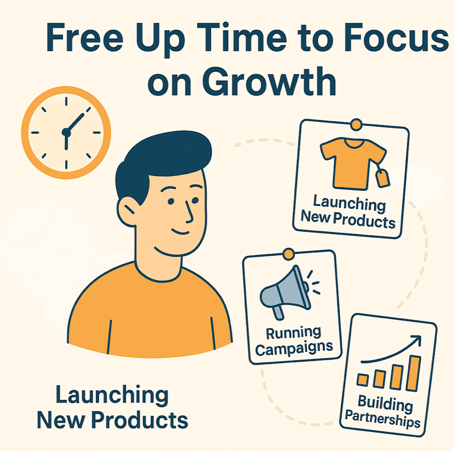 Illustration showing time-saving benefits of 3PL with icons for launching new products, running campaigns, and building partnerships, alongside a clock and a businessperson.
