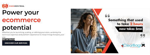 MageMontreal ecommerce development promo highlighting Magento expertise and performance improvements