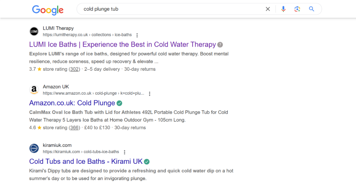 Google search engine results page for the query 'cold plunge tub'