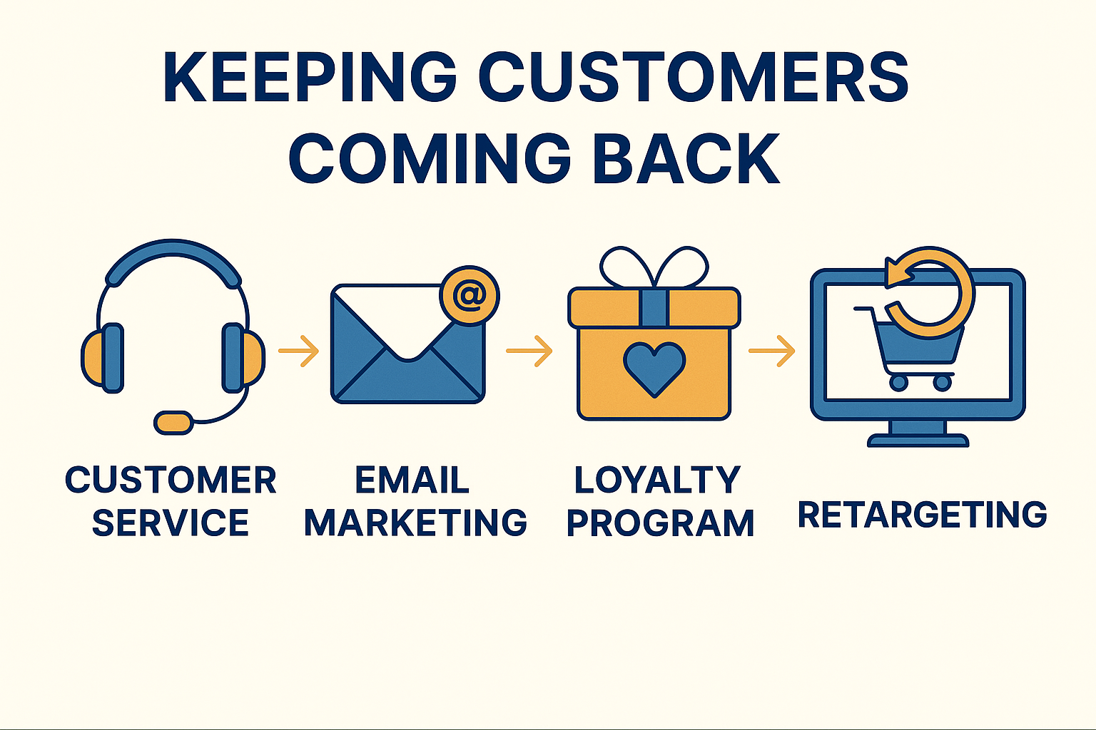 Infographic titled “Keeping Customers Coming Back,” showing four retention strategies with icons: customer service headset, email marketing envelope, loyalty programme gift box, and retargeting symbol on a computer screen.