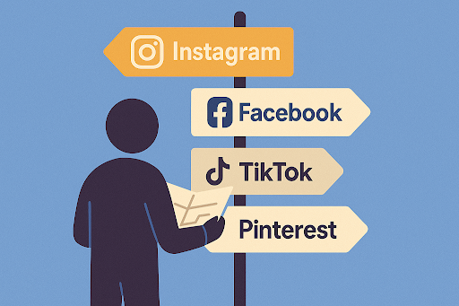 Illustration of a signpost with arrows pointing to Instagram, Facebook, TikTok, and Pinterest, with a person holding a map, indicating social media platforms for marketing.