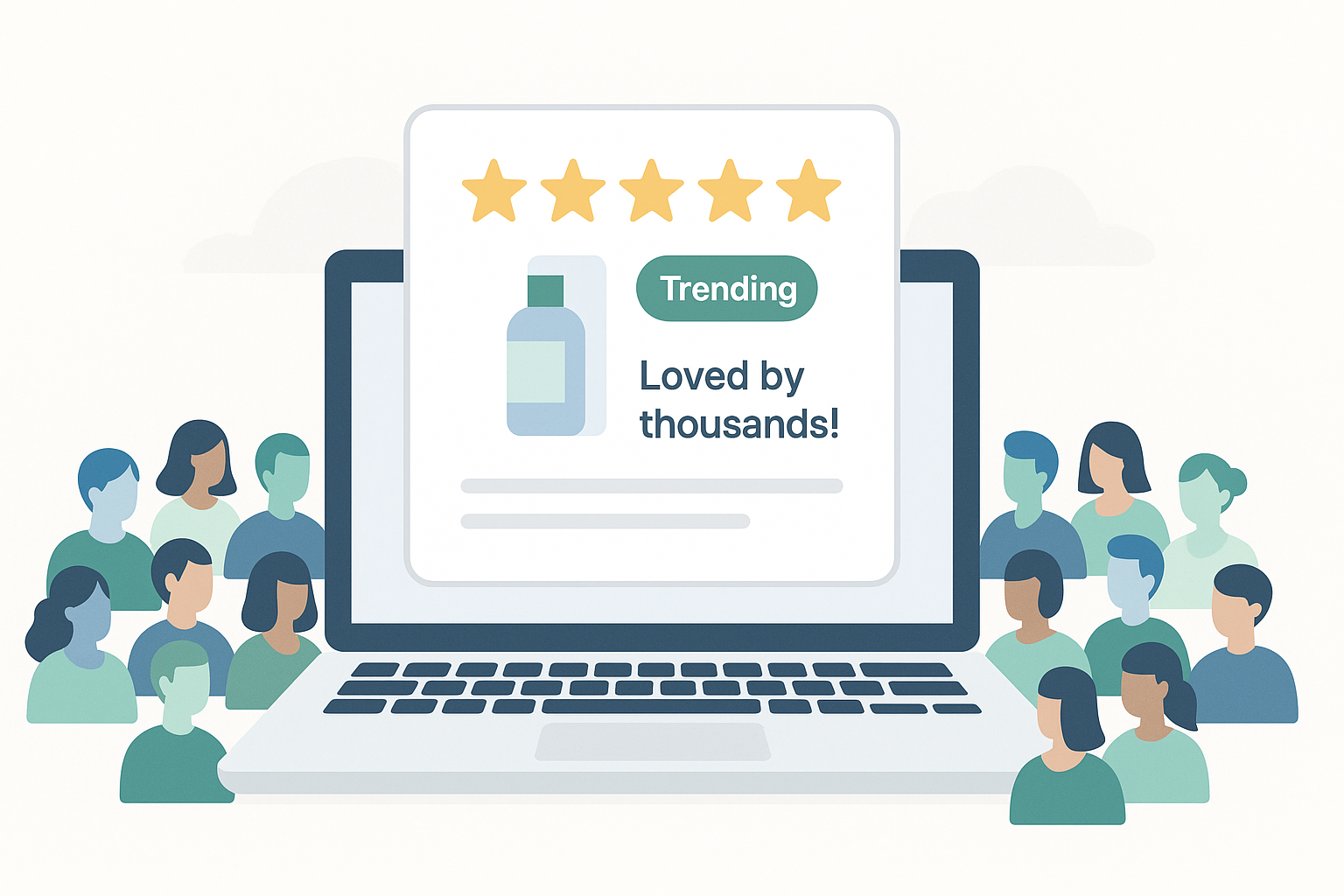 Illustration of simplified people icons surrounding an ecommerce product page with a five-star rating, “Trending” badge, and the phrase “Loved by thousands!” to represent the concept of social proof.
