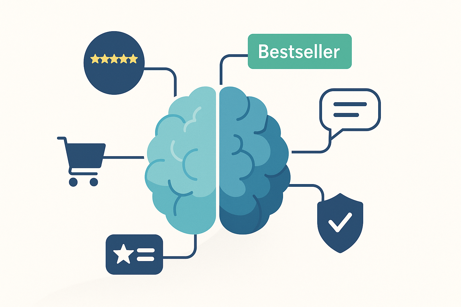 Mind map-style illustration with a central brain surrounded by ecommerce icons including a five-star rating, bestseller tag, shopping cart, review bubble, and trust badge, representing how customers make buying decisions.