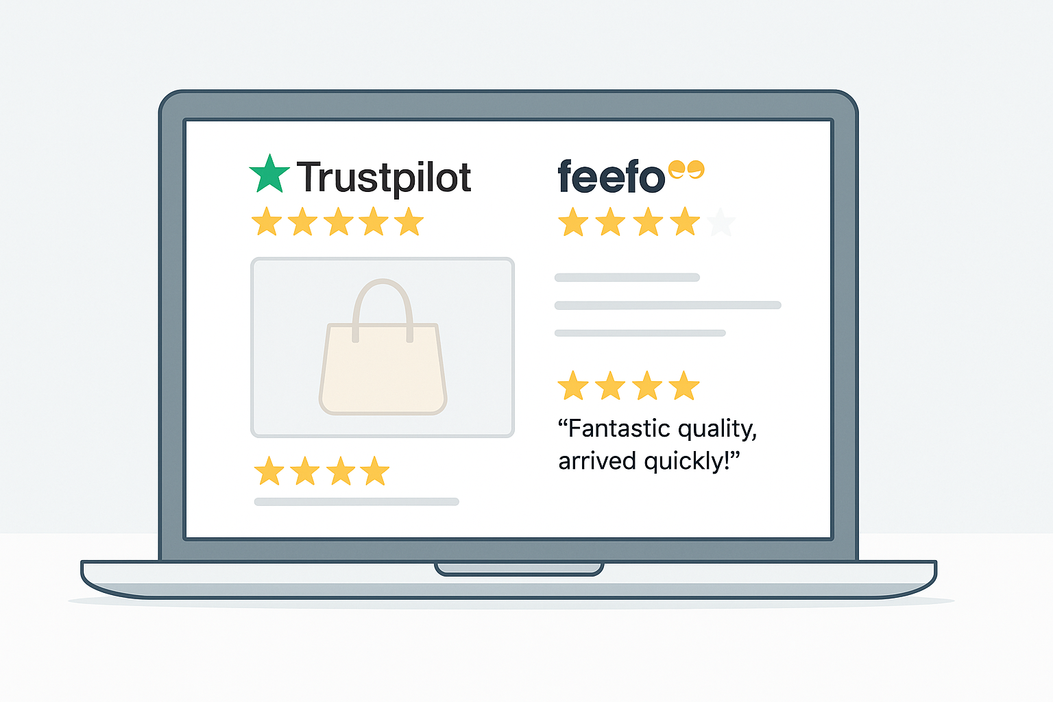 Illustration of an ecommerce product page on a laptop screen, featuring five-star ratings from Trustpilot and Feefo, with a customer review reading “Fantastic quality, arrived quickly!