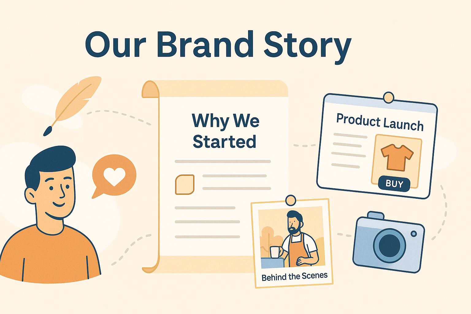 Flat-style digital illustration titled “Our Brand Story” showing a timeline with a small ecommerce founder figure at the start. Along the path are key brand moments including “Why We Started,” a product launch, and behind-the-scenes snapshots. Includes icons like a pen, camera, and story scroll. Designed in warm, human tones of soft orange and blue to convey authenticity and connection.