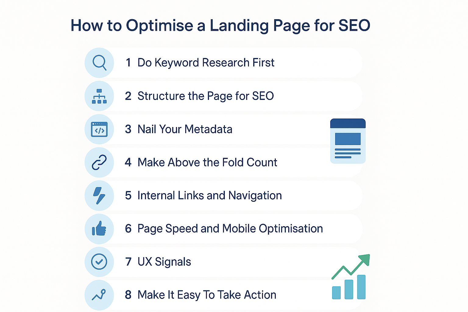 Infographic titled “How to Optimise a Landing Page for SEO” showing nine steps with icons: Do Keyword Research First, Structure the Page for SEO, Nail Your Metadata, Make Above the Fold Count, Internal Links and Navigation, Page Speed and Mobile Optimisation, UX Signals, Make It Easy To Take Action, and Track and Improve Over Time.