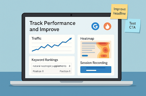 Laptop screen showing ecommerce landing page performance metrics like traffic, keyword rankings, heatmaps, and session recordings.