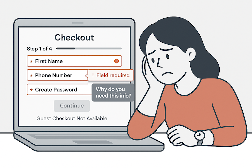 Frustrated shopper facing a long checkout form with required fields and no guest checkout option.