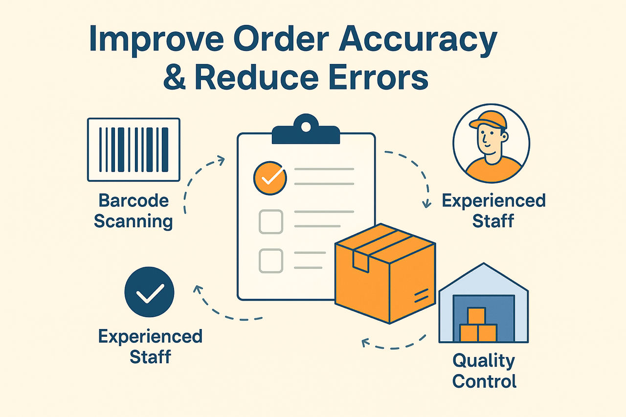 Improve order accuracy and reduce errors through barcode scanning, experienced staff, and quality control, shown with illustrated icons and a clipboard checklist.
