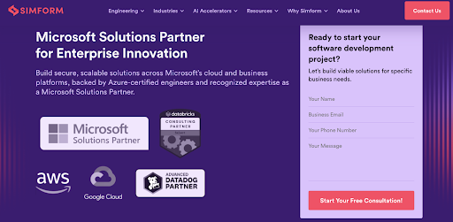 Simform enterprise software development promo highlighting Microsoft cloud and AI expertise