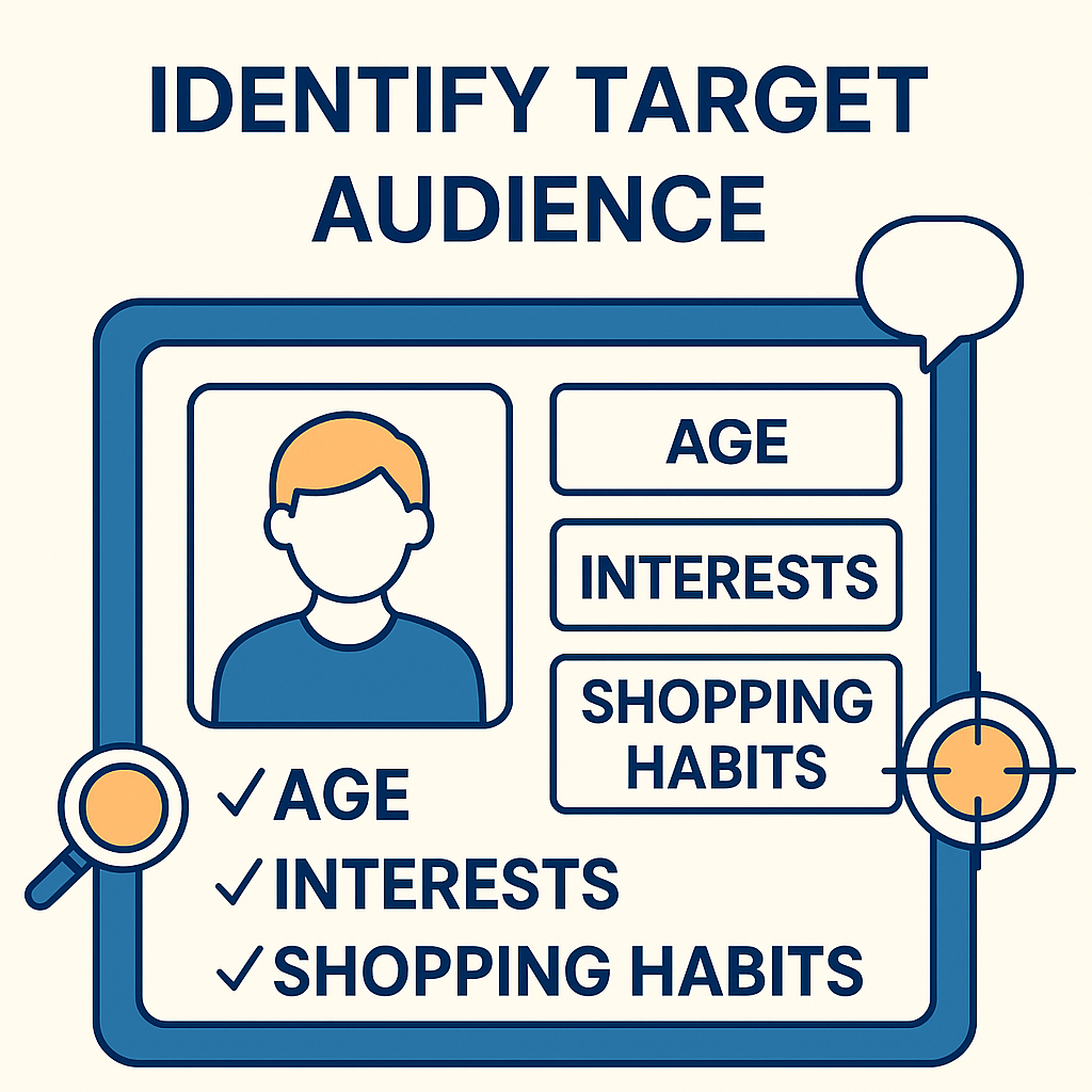Illustration titled “Identify Target Audience” showing a profile card with a user icon and checkboxes for age, interests, and shopping habits, surrounded by magnifying glass and targeting icons.