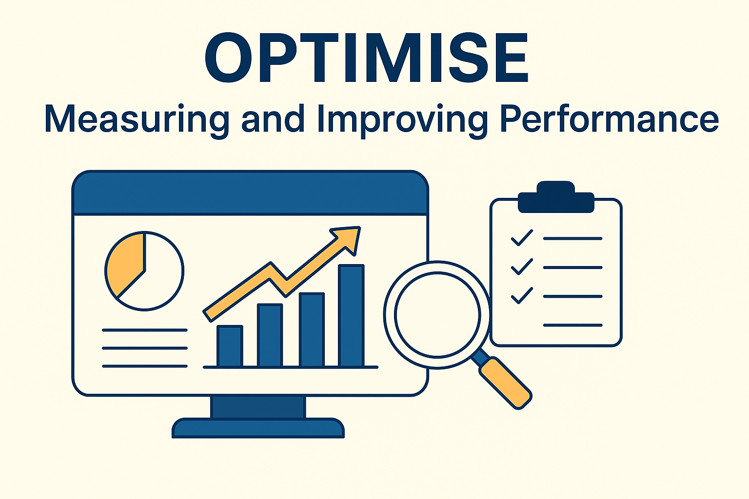Infographic with the heading 'OPTIMISE – Measuring and Improving Performance' showing a computer screen with a bar chart and pie chart, a magnifying glass, and a clipboard checklist on a beige background, in a clean flat-design style.