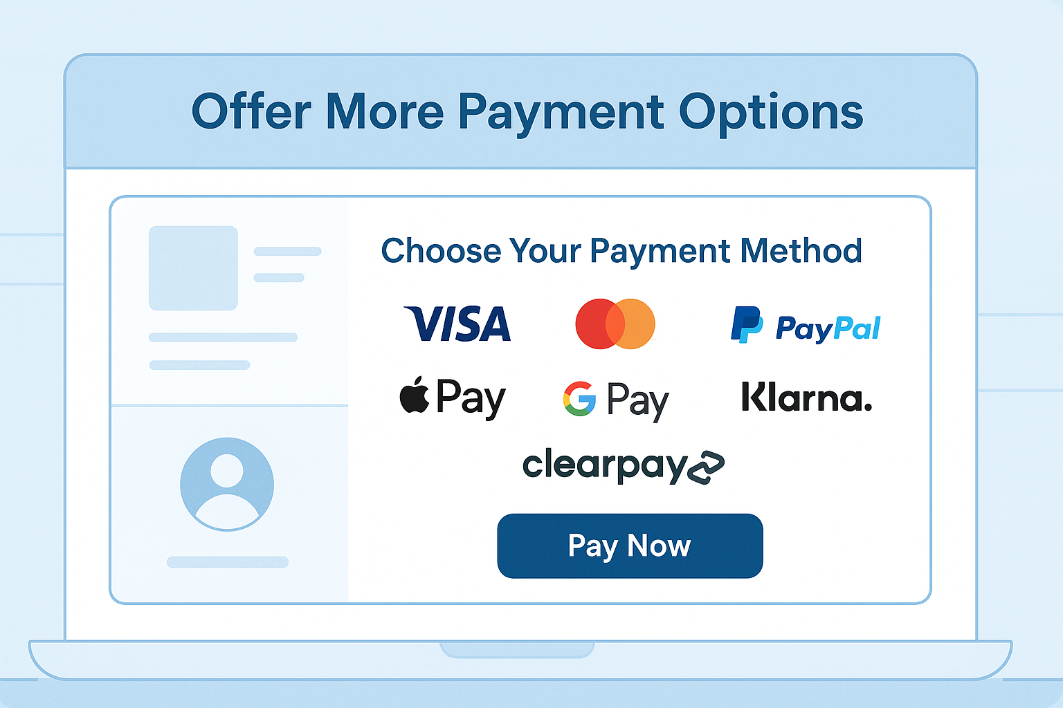 Illustration of a checkout screen displaying multiple real payment options including Visa, Mastercard, PayPal, Apple Pay, Google Pay, Klarna, and Clearpay, under the heading ‘Choose Your Payment Method.