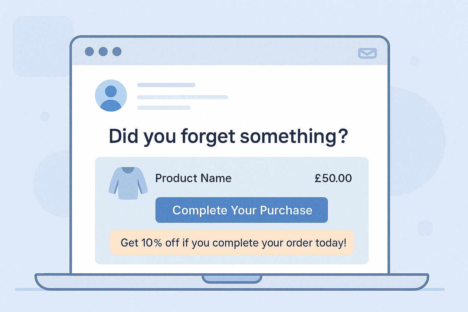 Illustration of an abandoned cart email showing a product with price, a ‘Complete Your Purchase’ button, and a promotional message offering 10% off to encourage order completion.