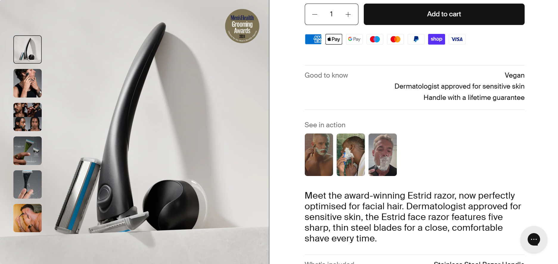 "Screenshot of Estrid’s product page featuring the razor, product details, and a 'See in action' section with user-generated video thumbnails of real customers using the product."