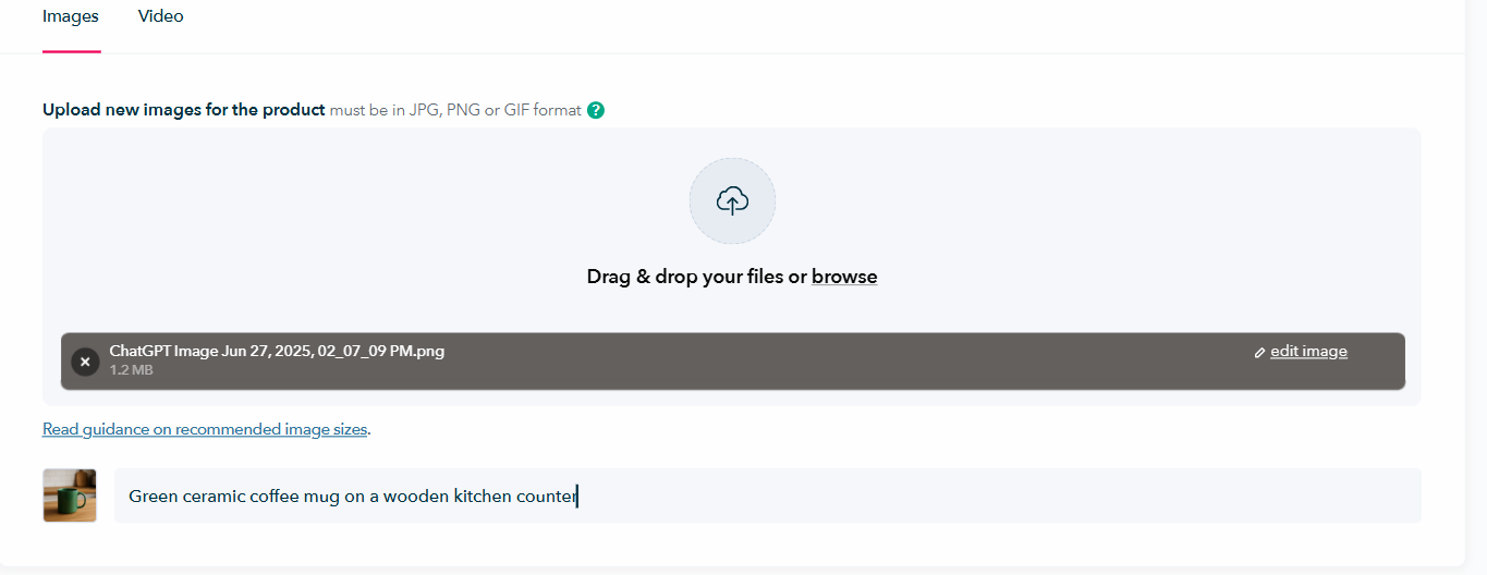 adding image Alt text for a green mug product on ShopWired. The Alt text reads 'Green ceramic coffee mug on a wooden kitchen counter"