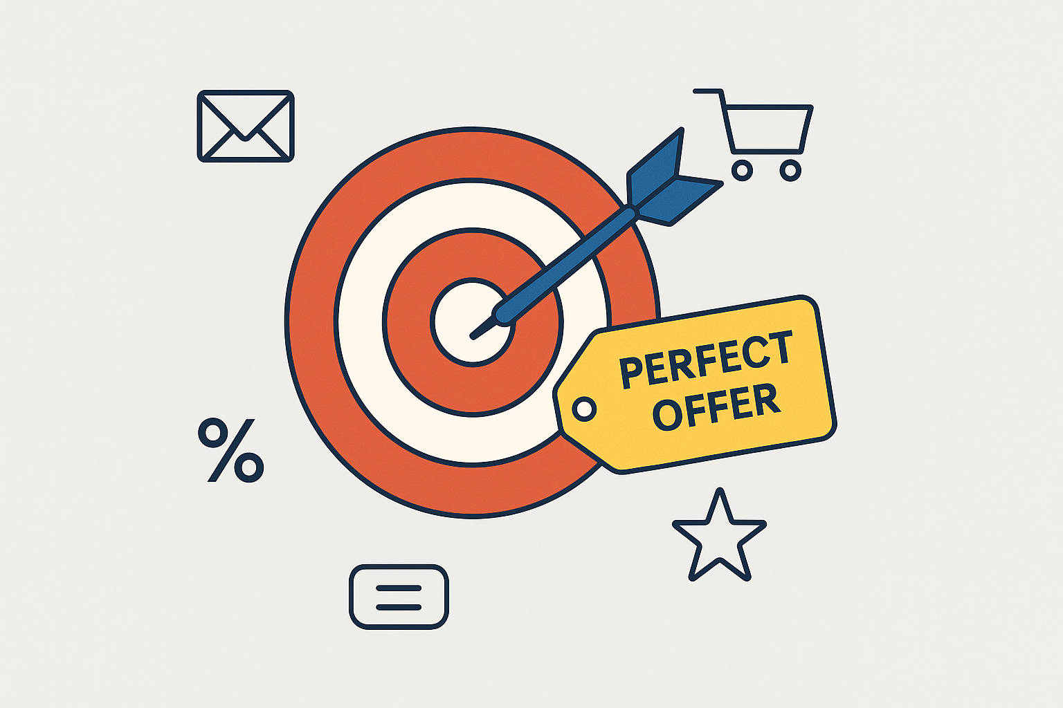 Illustration of a bullseye with an arrow hitting the centre, tagged with a yellow label reading “Perfect Offer,” surrounded by icons representing email, shopping cart, percentage, customer review, and star rating.