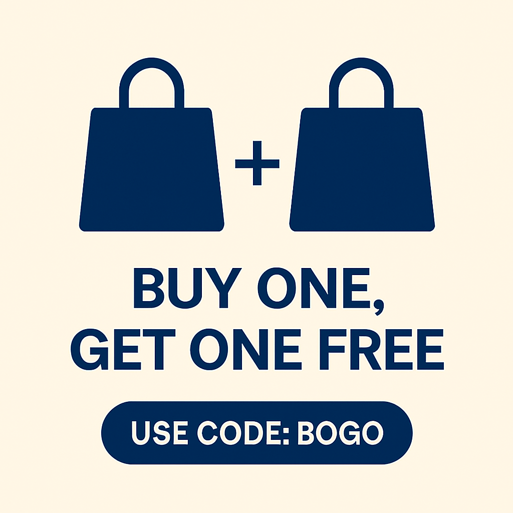 Promotional graphic showing two shopping bags with a plus sign between them, representing a “Buy One, Get One Free” offer, and a button displaying the discount code “BOGO.”