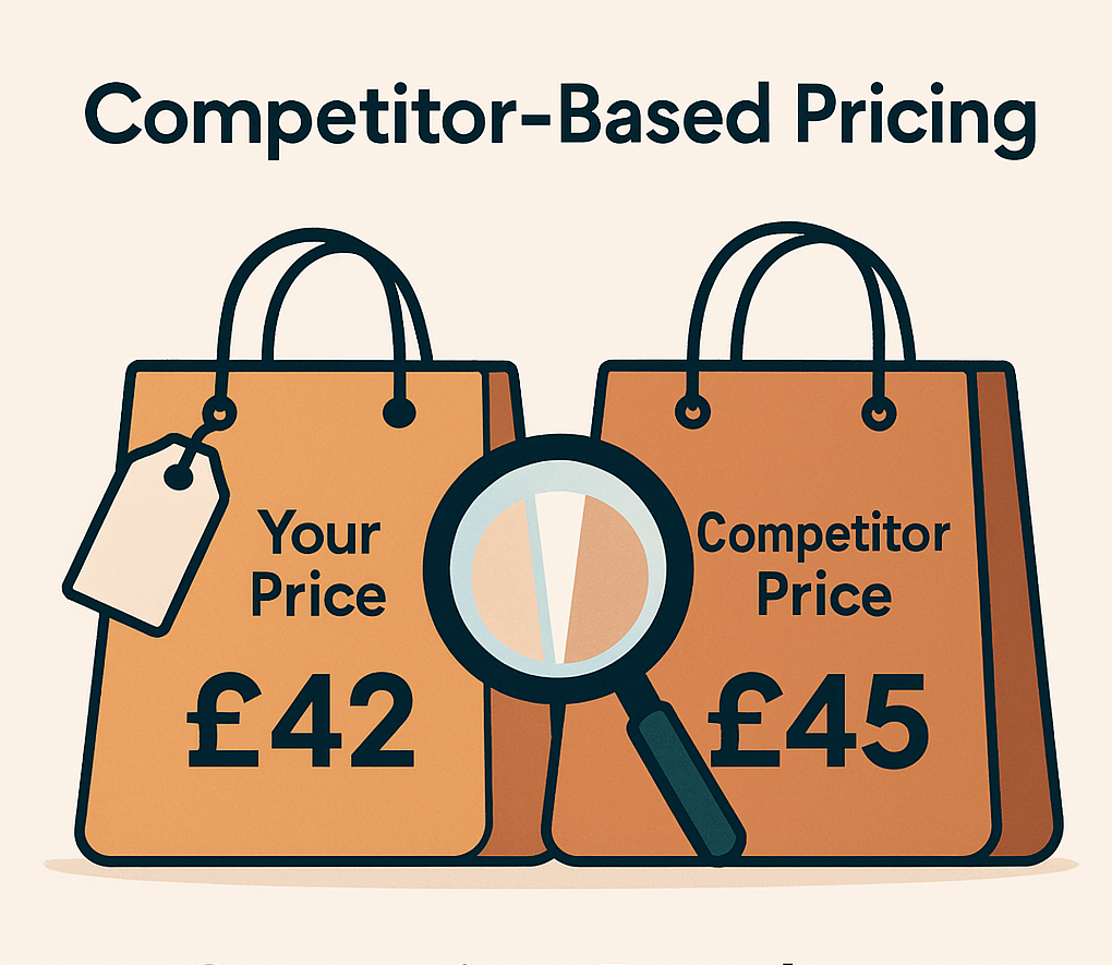 Illustration of competitor-based pricing showing two shopping bags with price tags: £42 for 'Your Price' and £45 for 'Competitor Price,' with a magnifying glass highlighting the price comparison.