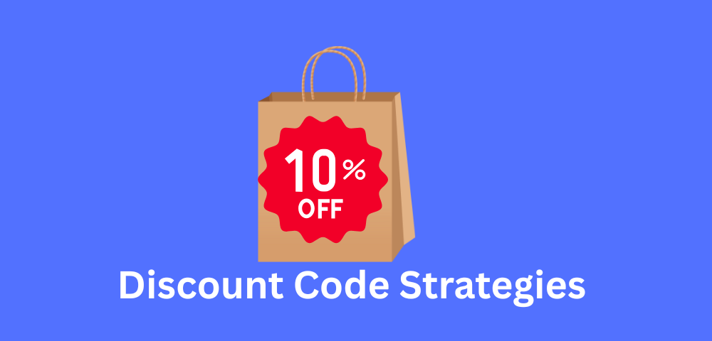 Illustration of a shopping bag with a red discount tag and text reading “Discount Code Strategies” on a blue background.