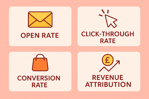 Four icons representing key email marketing metrics: an envelope for "Open Rate," a cursor for "Click-Through Rate," a shopping bag for "Conversion Rate," and a pound symbol with an upward graph for "Revenue Attribution."