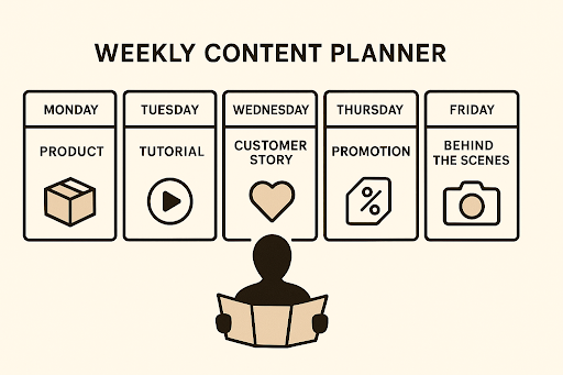 Illustration of a weekly content planner with categories for Monday (Product), Tuesday (Tutorial), Wednesday (Customer Story), Thursday (Promotion), and Friday (Behind the Scenes), with a person holding a planner.